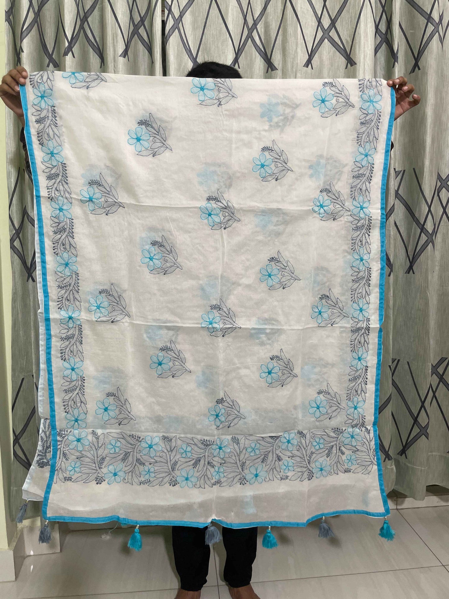 Traditional Grace: White & Ocean Blue Hand-Stitched Lucknowi Collection