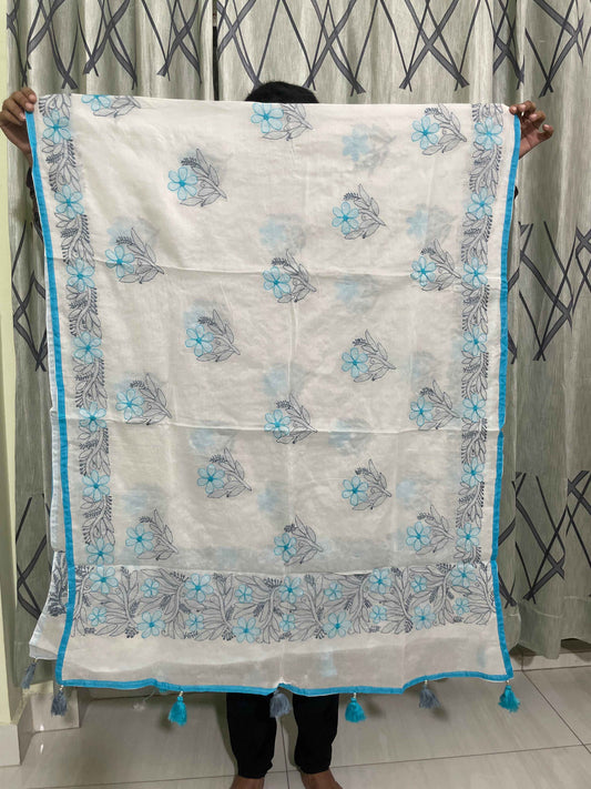 Traditional Grace: White & Ocean Blue Hand-Stitched Lucknowi Collection
