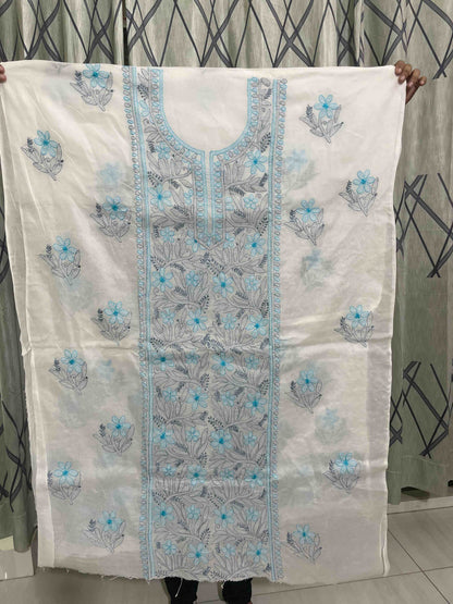 Traditional Grace: White & Ocean Blue Hand-Stitched Lucknowi Collection