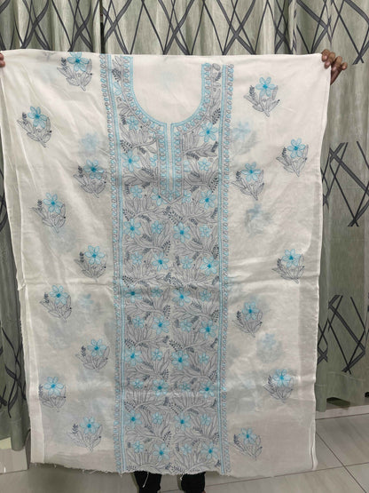 Serene White & Sky Blue: Hand-Embroidered Lucknowi Two-Piece